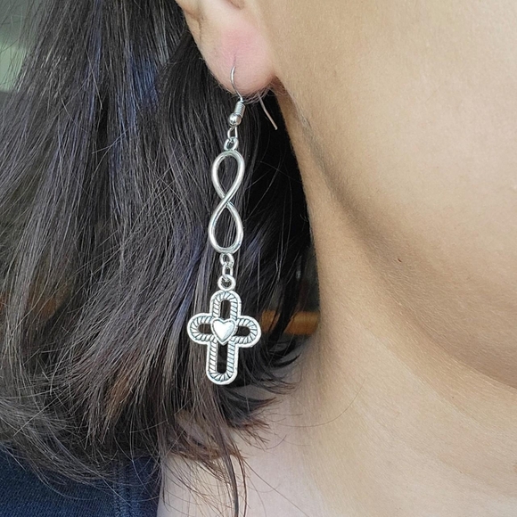 Pair of Silver Cross Infinity Drop Hook Earrings - Picture 5 of 8